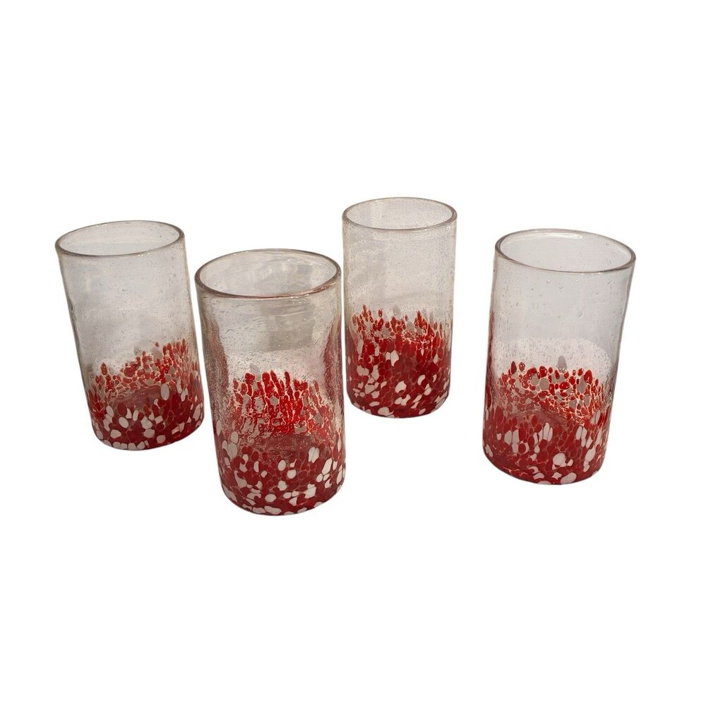 St Nicholas Square Jolly Confetti Tumbles. Set Of 4. Red & White On Clear Glass